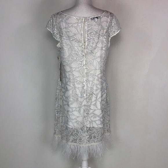 NWT Kay Unger White Sequin Feather Hem Dress - Picture 8 of 8